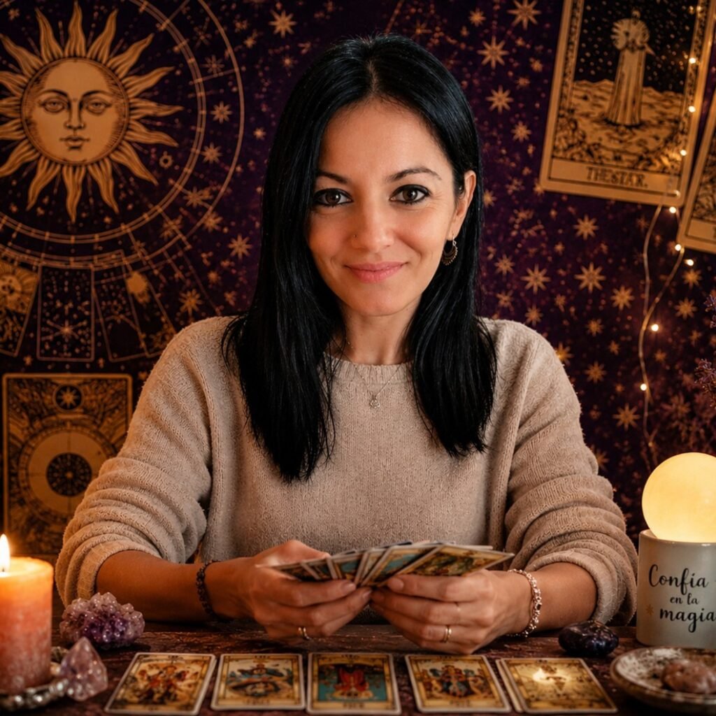 Alicia MatGar, tarotista y creadora de Oraclya, con las cartas del tarot sobre su mesa de lectura.